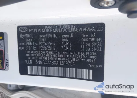 2010 Hyundai Santa Fe Gls z USA, uszkodzony, nr VIN 5NMSG3ABXAH389754